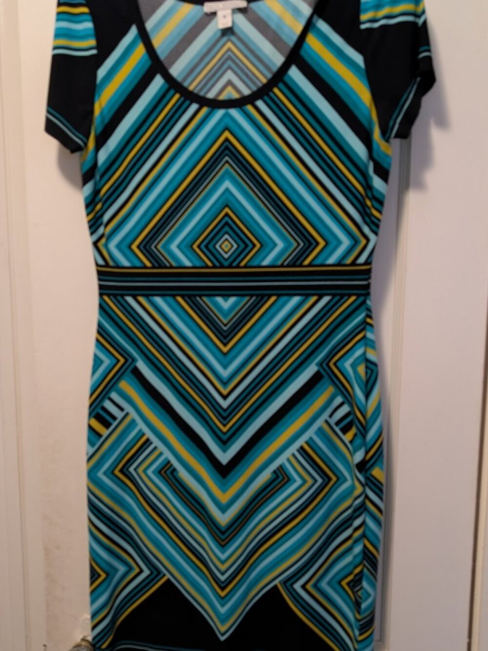 Dana Buchman Diamond Pattern Knee-Length Short-Sleeve Dress, Blues + Yellow, Sz6